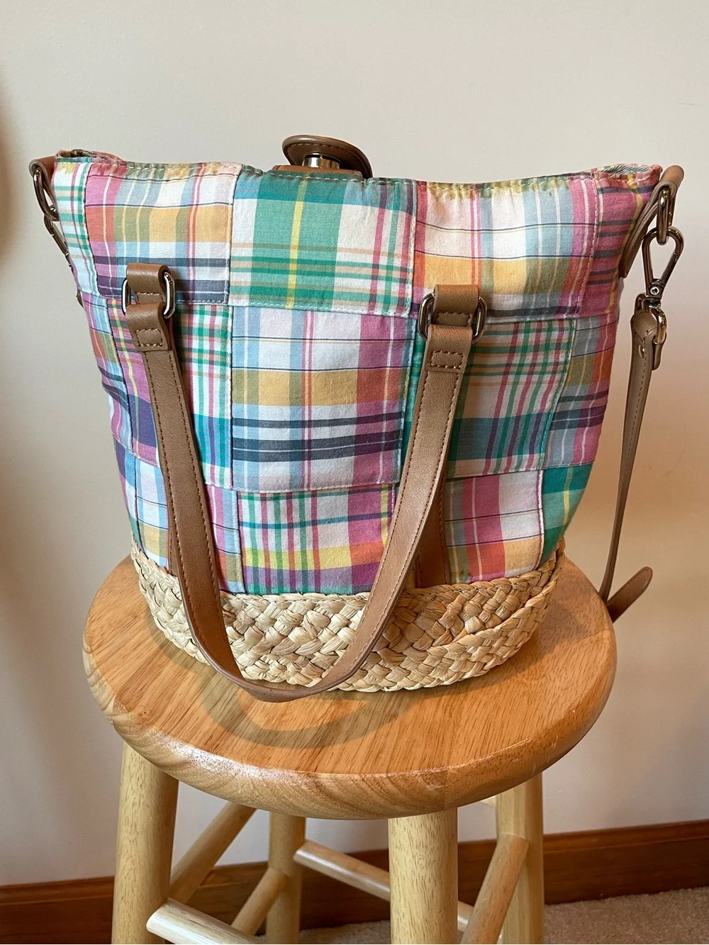 Talbots Multicolor Plaid Straw-Trim Satchel with Tan Leather